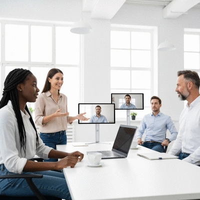 Diverse team members collaborating in a modern hybrid office setting, some in-person, some on video calls, demonstrating effective communication and teamwork