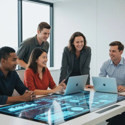 Diverse team of Australian professionals collaborating around a futuristic table with glowing digital interface