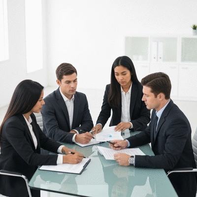 Professional business people in a modern office discussing compliance documents