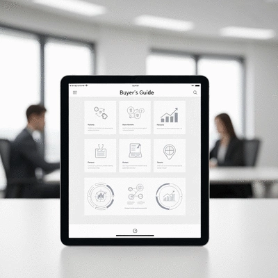 Professional looking digital buyer's guide for corporate governance solutions, open on a tablet, with a clean and modern design, business office background, no text, no words, no typography, 8K