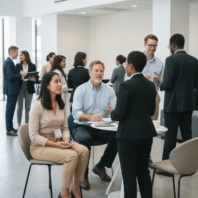 Diverse group of professionals networking at an industry event, demonstrating knowledge sharing