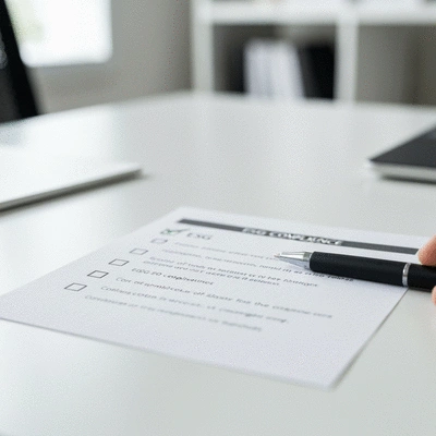 Close-up of a checklist with a pen, highlighting items related to ESG compliance, with a subtle background of office environment, no text, no words, no typography, clean image