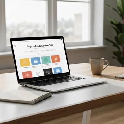 Open laptop displaying a digital resource directory for entrepreneurs, with notes and a coffee cup on a modern desk, clean and professional