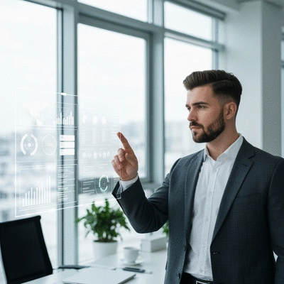 Australian business professional looking at a holographic display showing data analysis and AI insights