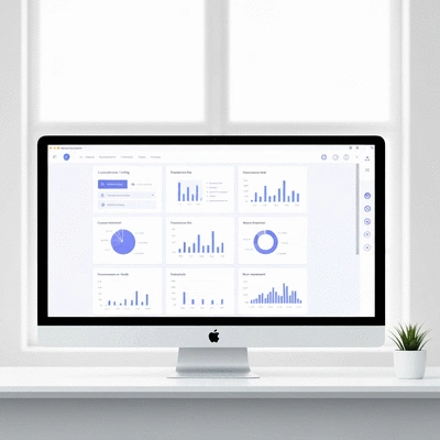 Modern corporate governance software interface on a desktop computer, showing compliance tracking and risk assessment features, clean office background, no text, no words, no typography, 8K
