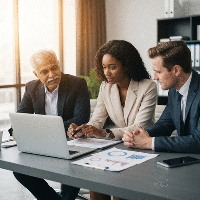Professionals collaborating on business strategy with a laptop and documents
