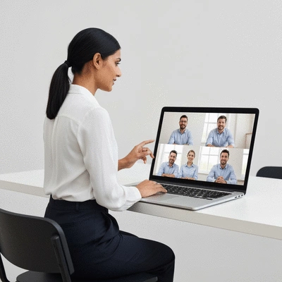 Leader facilitating a virtual team meeting on a laptop, with diverse team members visible on screen, discussing a personalized implementation plan