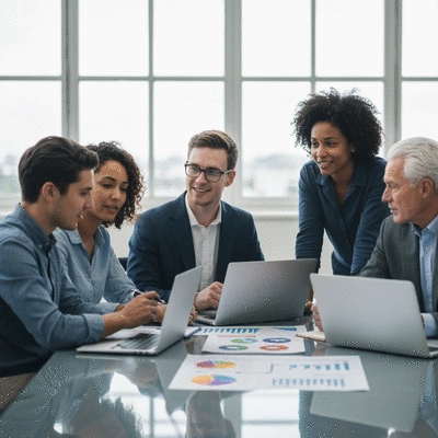 Australian business team planning digital transformation strategy around a table