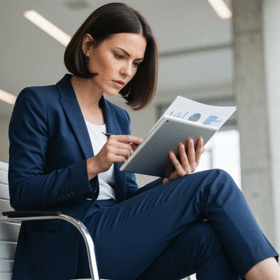 Professional woman making a thoughtful decision, looking at multiple options on a tablet